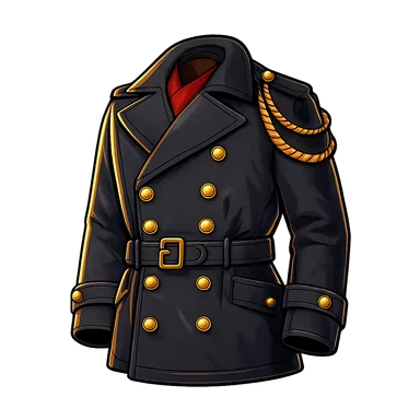 The Captain's brass-buttoned greatcoat